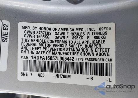 2007 Honda Civic Ex из США, поврежденный, VIN 1HGFA16857L005442